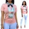 S3563 Summer 2019 fashion casual plaid lapel sequined rabbit T-shirt woman