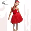 Lively red cute little girl hanging neck gold-trimmed tutu ballet dress