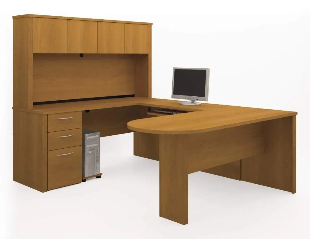 Bestar U Shaped Desk W/Hutch 66" X 85" X 66" Table 66"L X 27"W X 30.4"H Credenza 66"L X 19.6"W X 30.4"H Hutch 66"L X 12.9"W X 36.4"H Bridge 38.5"L X 19.8"W X 30.4"H - Cappuchino Cherry