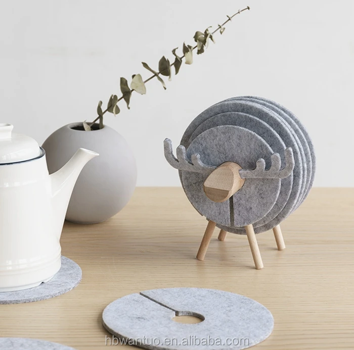 Premium Felt Sheep Coaster Pads With Wood Holder Set Felt Cup Glass