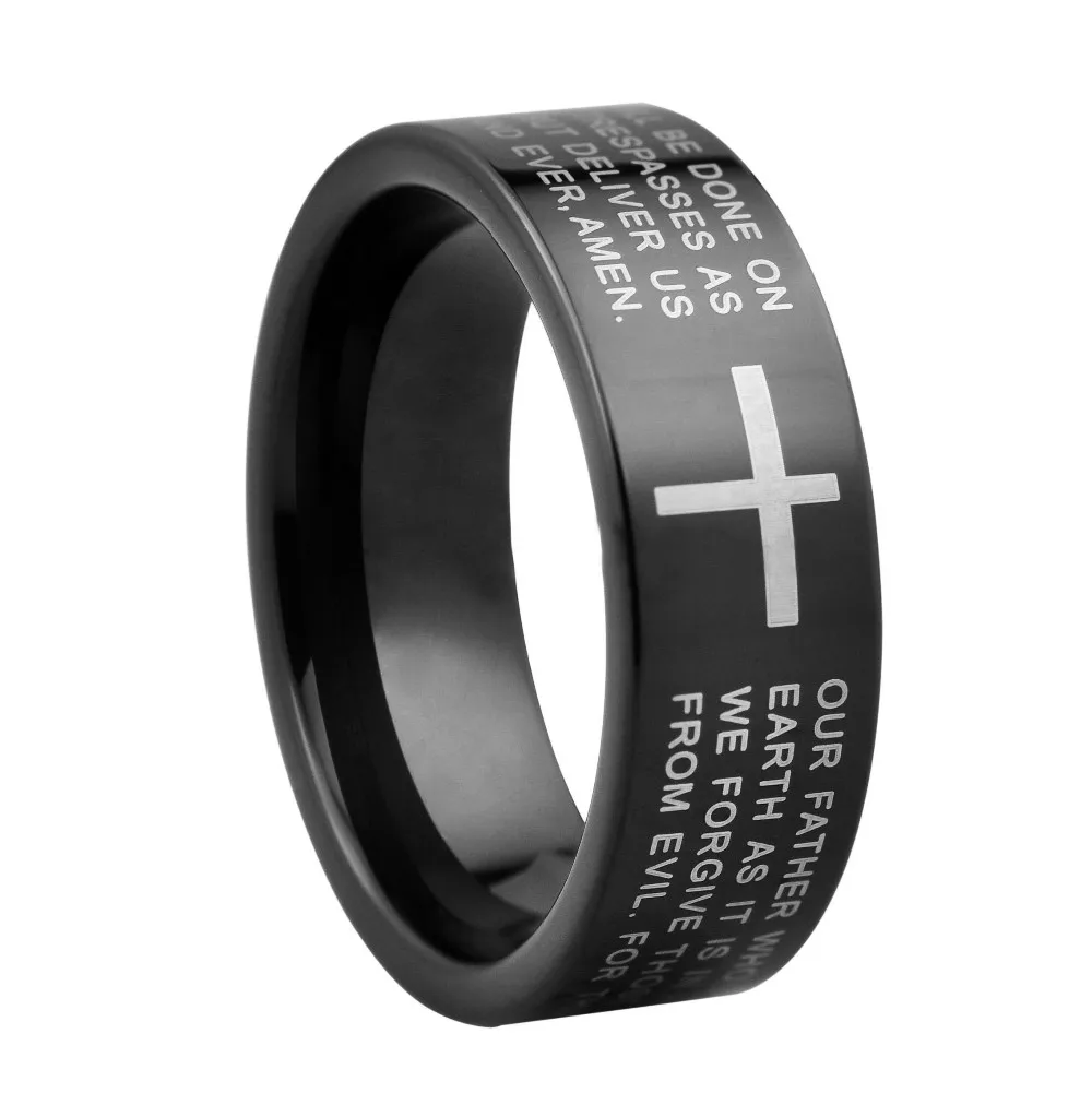 Laser Cross And Bible Ring Men's Lords Prayer Rings Black Tungsten ...