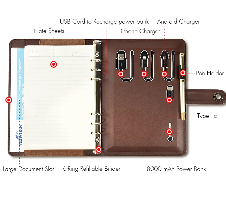 Large 6 Ring Refillable Binder Notebook Power Bank Leather With 8000mah