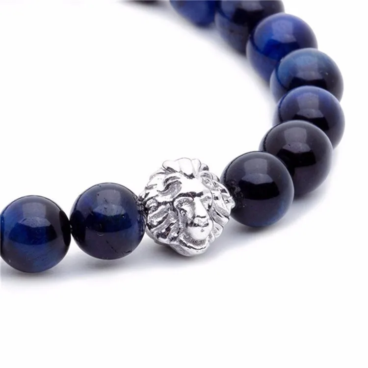 Wedding Engagement Navy Tiger Eye Leo Silver Bead Bracelet for Couple