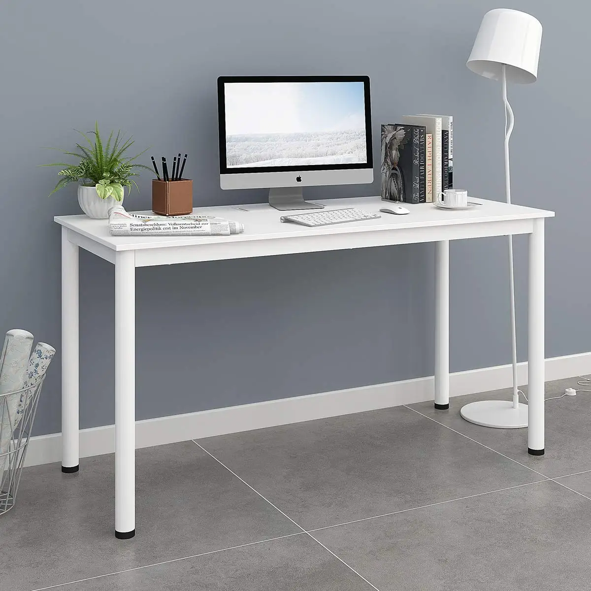 DEVAISE Computer Desk 55" Large Size, Home Office Desk with Cable Organizer / White