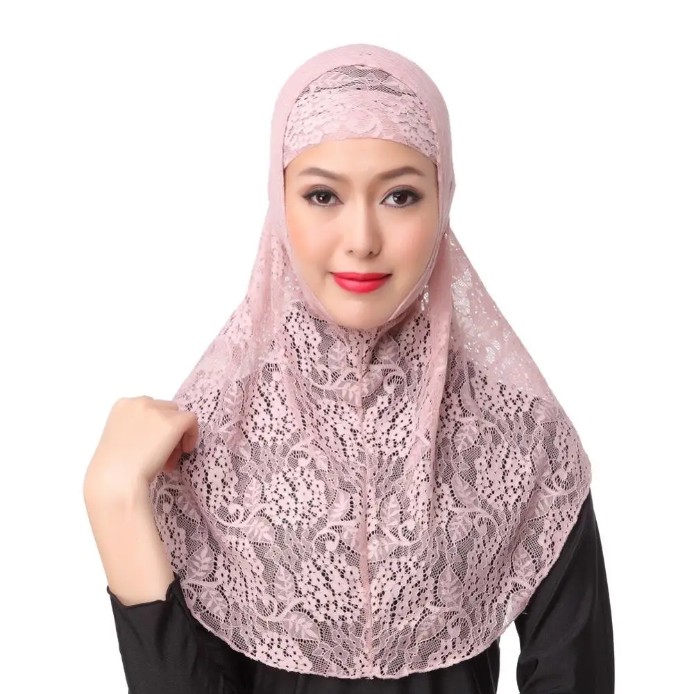 Full Cover Muslim Hat Hijab Two Piece Set Lace Hoofddoek Solid Islamic 