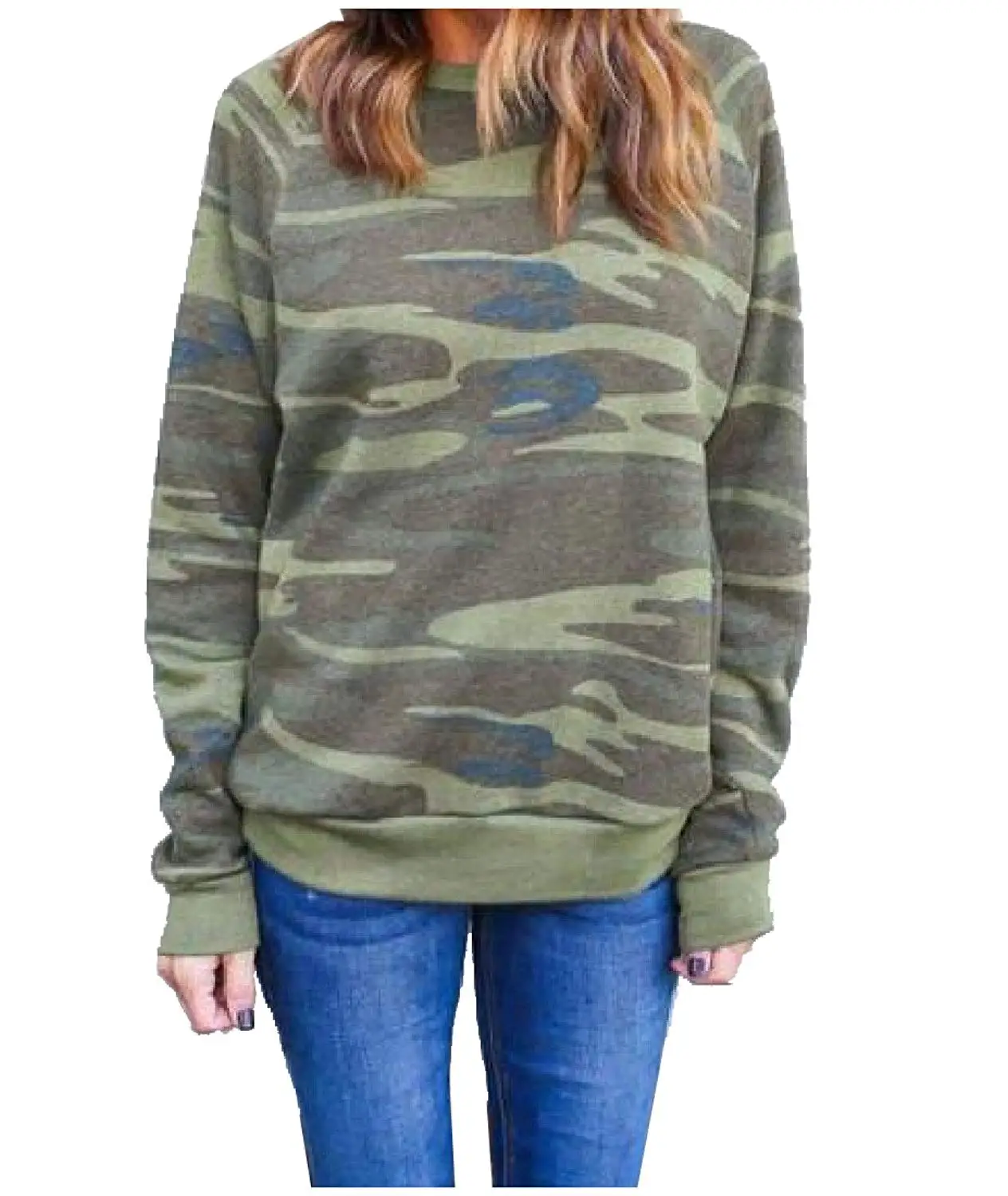 Sheng Xi Womens Outdoor Camouflage Printed Crewneck Sweater Pullover