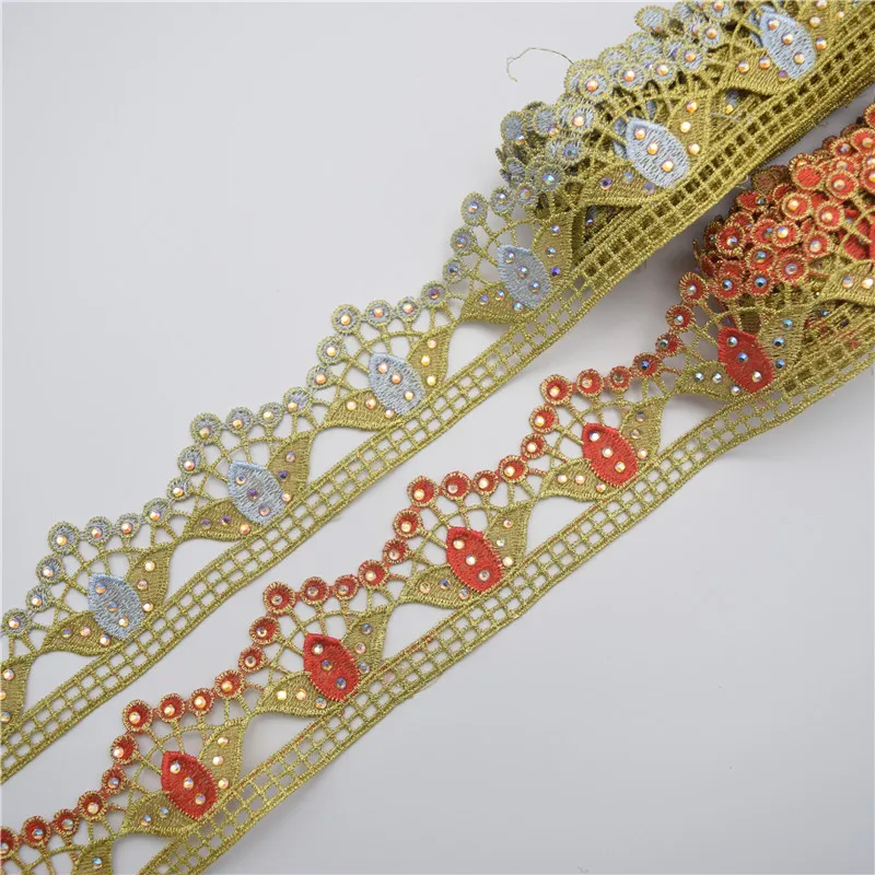 Beaded Sequin Rhinestones Floral Embroidered Lace Fabric Ribbon Trim Crochet Guipure Applique Motif for Wedding Dress