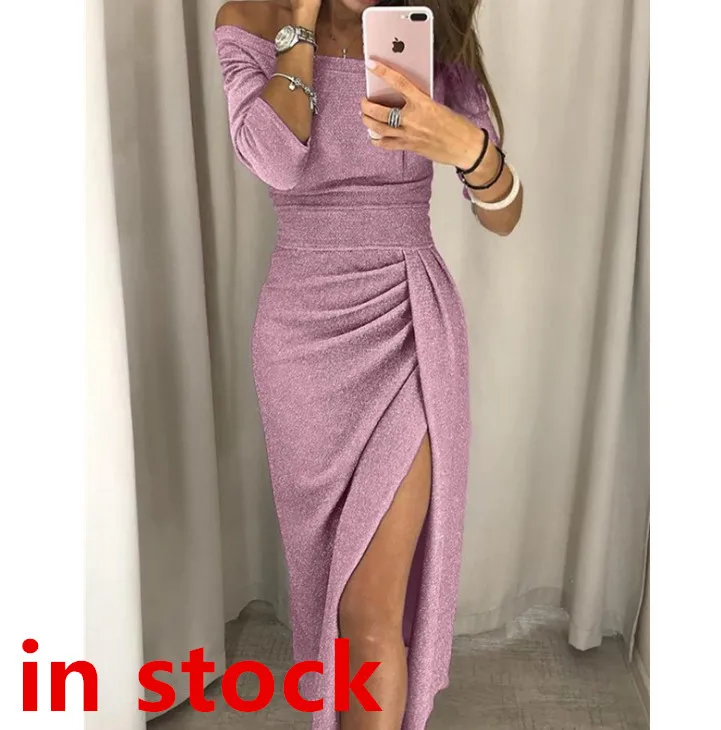 Amazon hot sales Dropshipping Clothing Fashion Off Shoulder Midi Dress Sexy Women Dresses Sparkling dress