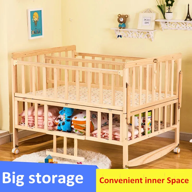 Twin Cot Bed Solid Wood No Paint Large Size Multifunction Cradle Bed