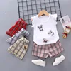 Summer cute baby girl clothes cotton white top+ Plaid shorts 2pcs kid girl clothing set