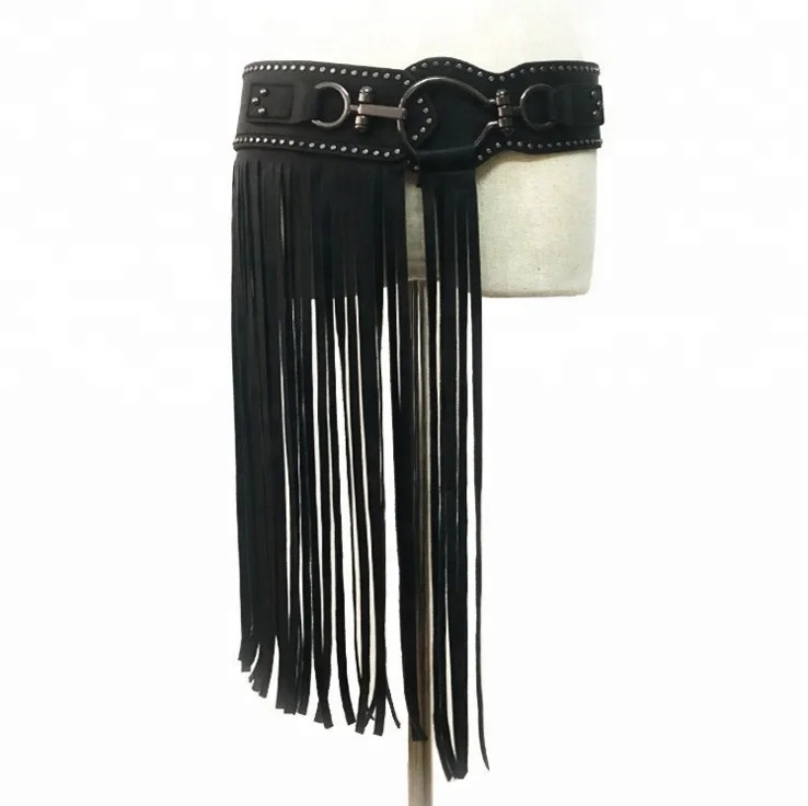 Punk style long fringed skirt ladies waist girdle fashion rivet wide belt elastic black buckle belt for woman