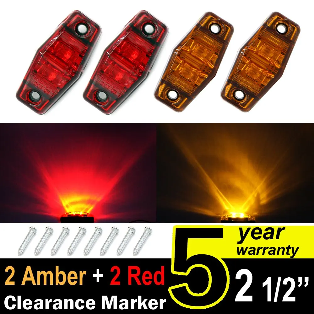 4 pcs TMH 2.5" 2 Amber Lens + 2 Red Lens Super Flux Side Led Marker, Trailer marker lights, Led marker lights for trucks, RV Cab Marker light Red, Rear side marker light, Surface Mount LED