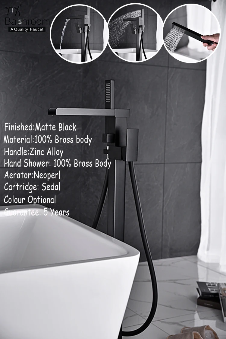 Stand alone style Contemporary  waterfall faucet matter black floor standing shower set