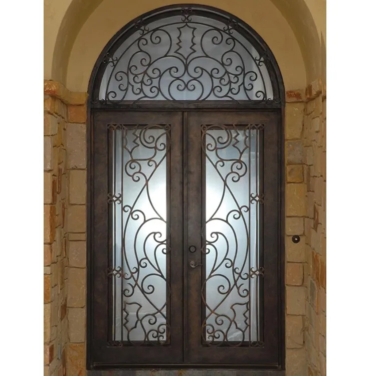 锻铁拱形双椭圆形玻璃入口门价格