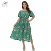 Women clothing manufacturer custom plus size summer short sleeve off shoulder green floral maxi dresses women