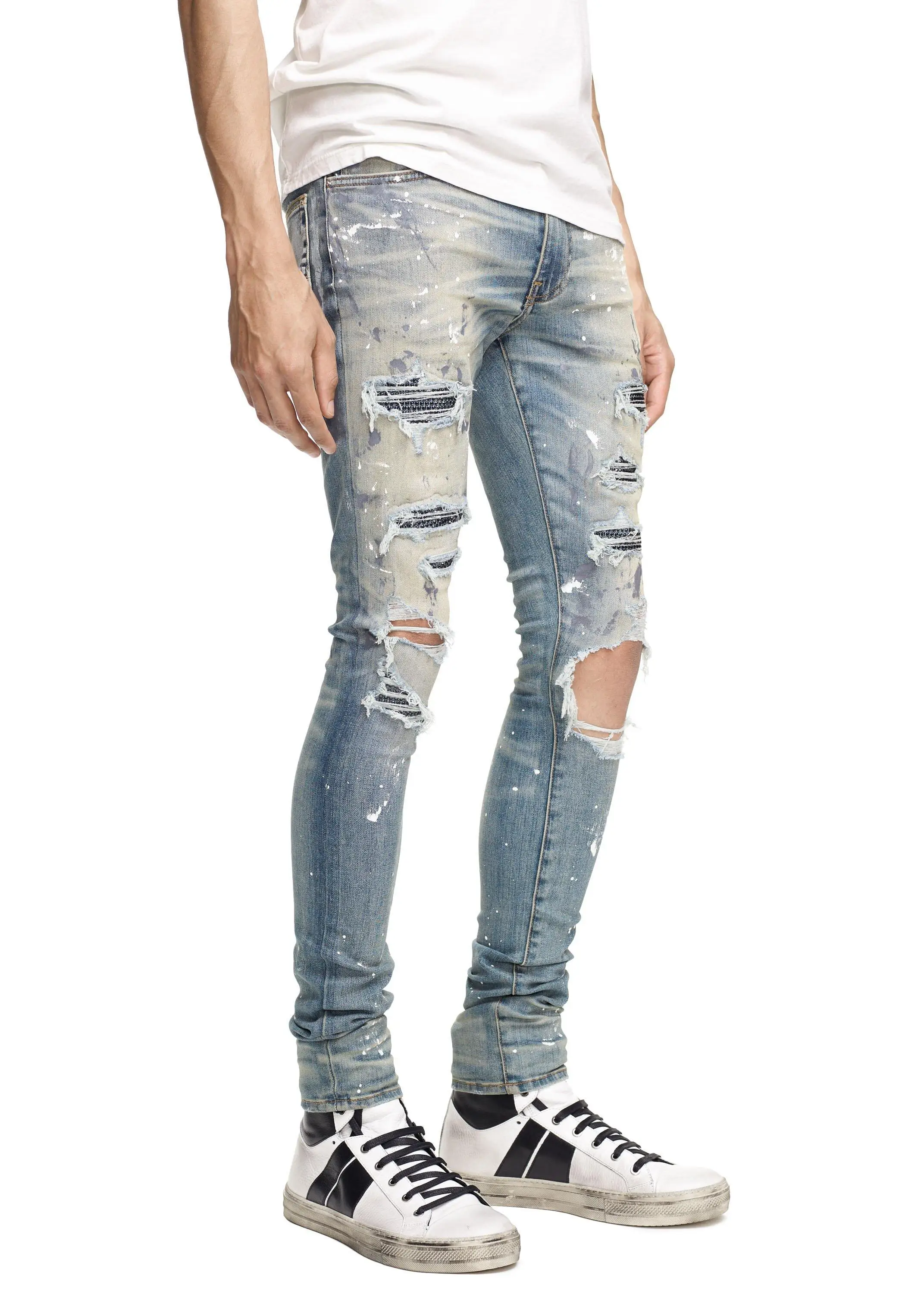 Diznew Classic Indigo Crystal Paint Distressed Jeans For Men - Buy ...