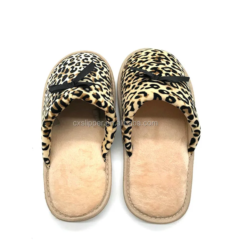 Womens Leopard Animal Print Slippers With Ribbon Bows Bedroom House
