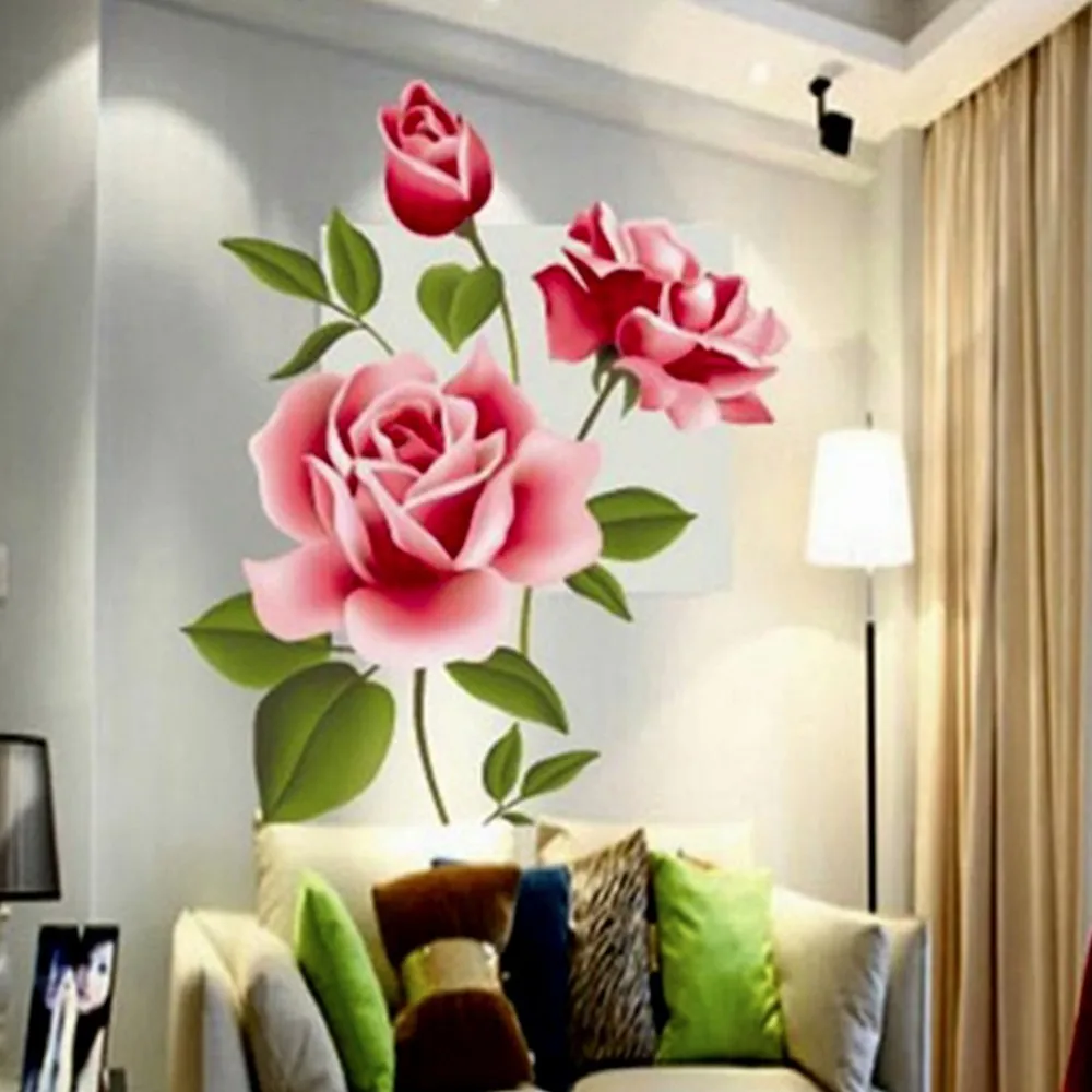 Cinta Romantis Populer 3d Rose Flower Removable Wall Sticker Home