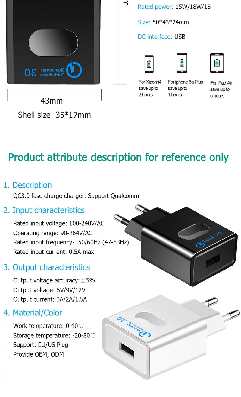 Cable charger Quick charge 3.0 usb wall charger For iphone 7 8 Samsung Huawei Xiaomi Mobile Phone android charger