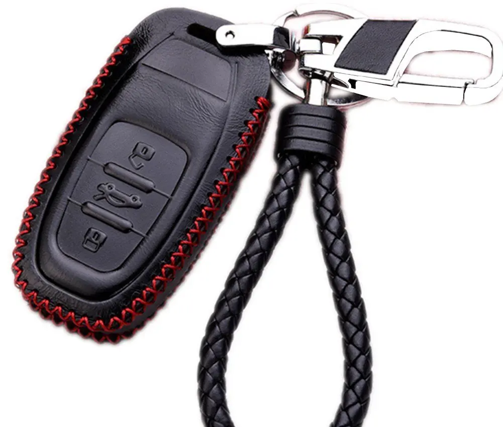 Genuine Leather Cover Etui Smart Remote Car Key Fob Holder Case Skin Protector with Braided Key Chain & Key Rings for 3 Buttons AUDI Accessories in Black