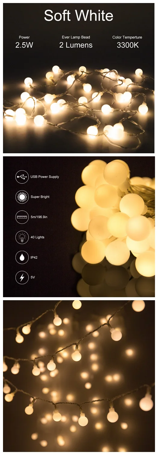 Outdoor Waterproof 5m /16ft Usb/battery Led String Light 40 Bulbs 2.5w
