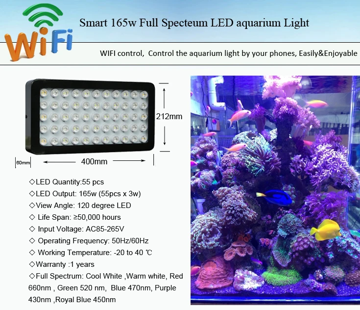 3 Channels 165w Led Coral Reef Wifi Led Aquarium Light For Fish Tank