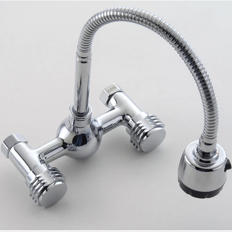 Wall Mounted Swivel Spout Long Neck Brass Pull Out Kitchen Sink Faucet Cold Hot Water Mixing Tap