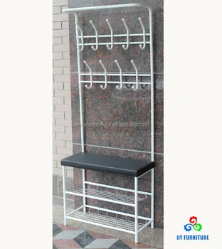 Hall Tree Metal Shoe Storage Shelf Coat Rack Stand With Bench Seat