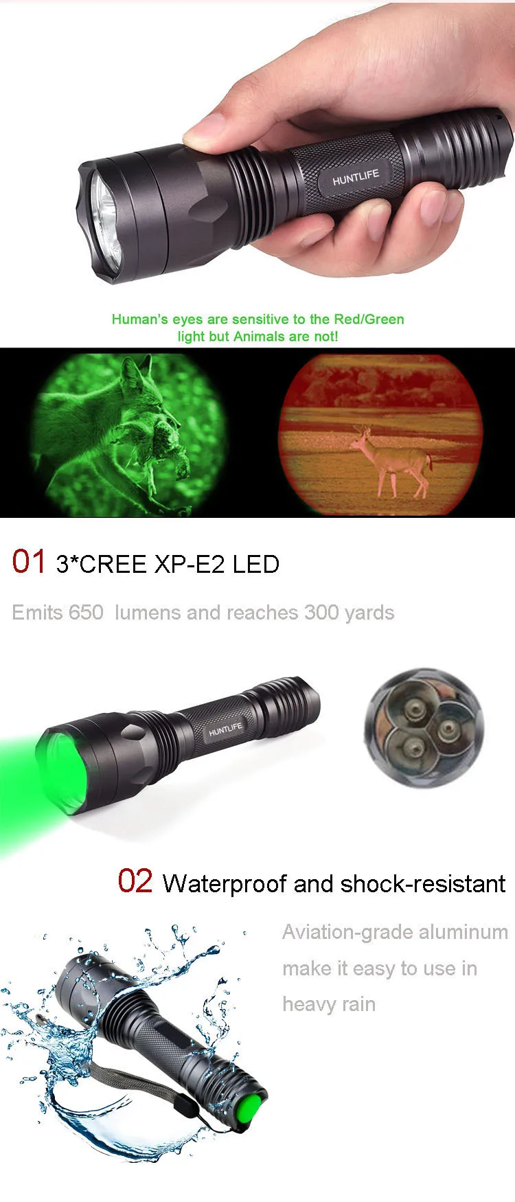 Ultra Fire C9 CREE Green Light LED Single Mode 18650 Mini Hunting Flashlight 