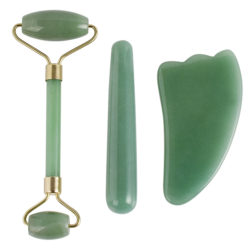 Jade Roller And Gua Sha Set Natural Green Aventurine Jade Stone Roller Anti Aging Anti