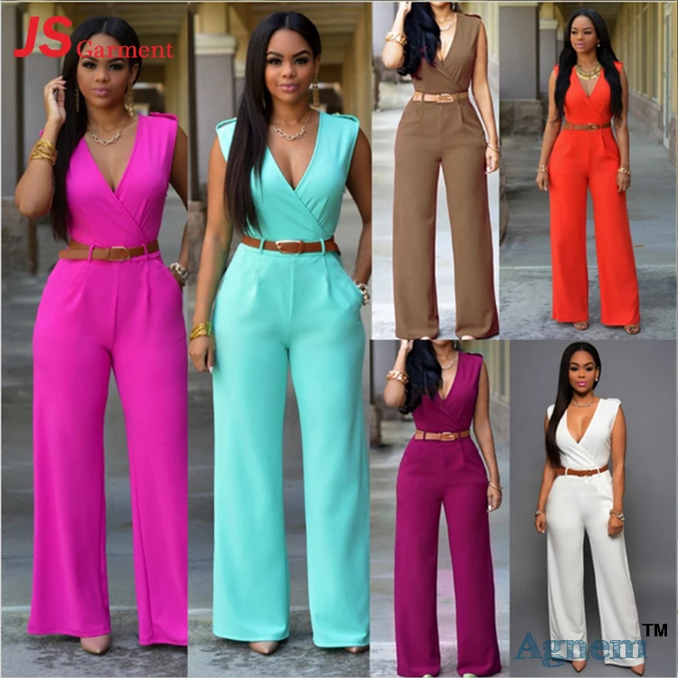 88YD2196 New Arrival Fashion Sexy V-Neck High Waist Sleeveless Ladies Jumpsuit With Belt