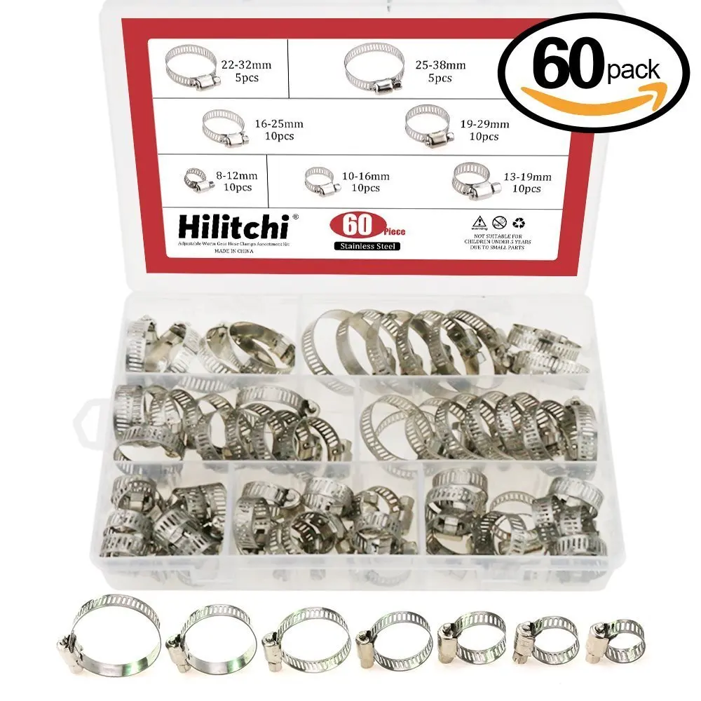 Hilitchi 60 Piece Adjustable 8-38mm Range Stainless Steel Worm Gear Hose Clamps Assortment Kit