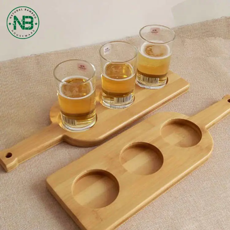 3 Holes Paddle Shot Wooden Beer Glass Holder Bamboo Beer Cup Serving