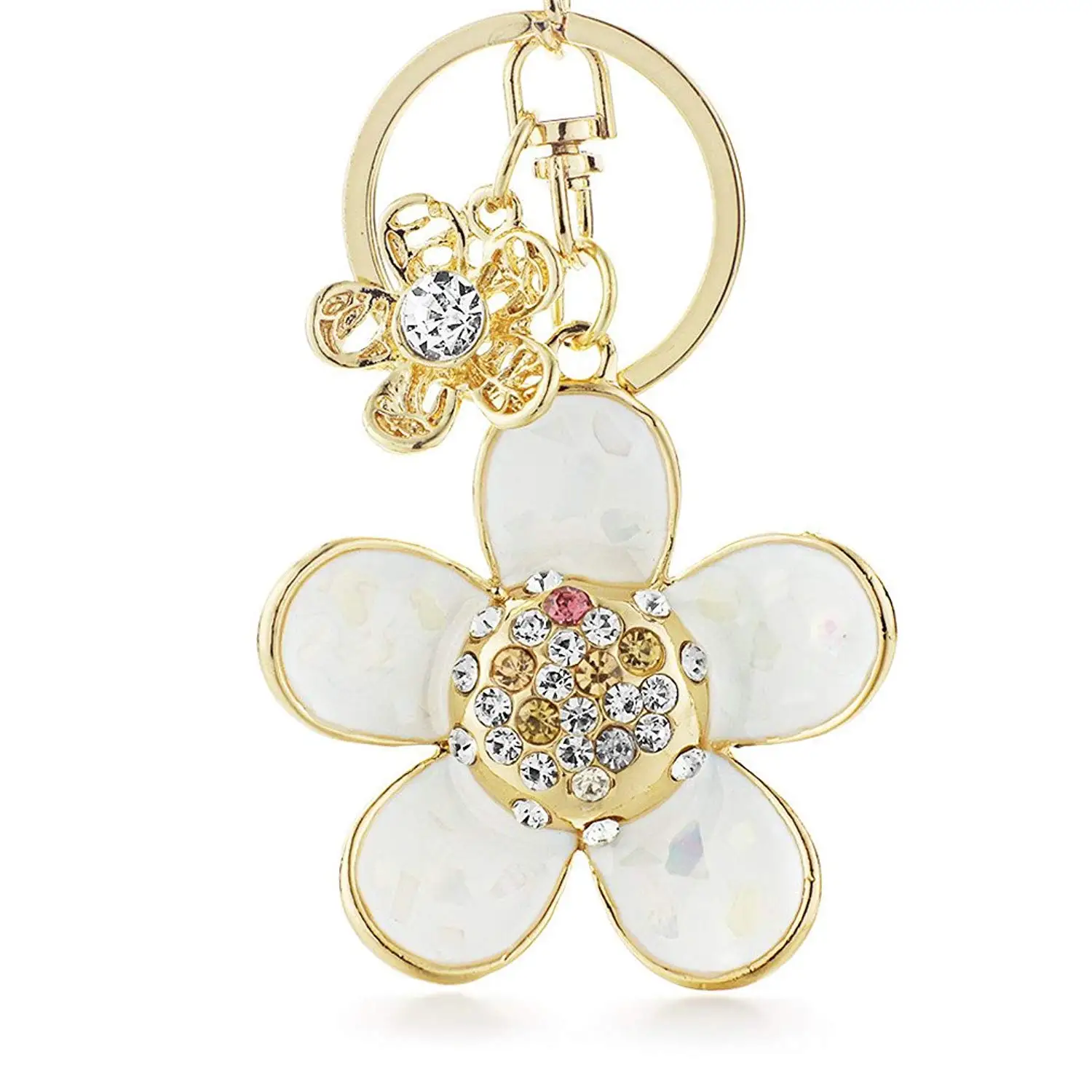 Novelty Shell Petals Double Flower Floral Crystal Rhinestone Keyrings Key Chains Holder Women Keychains