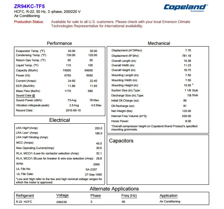 8hp Copeland Scroll Compressor Zr94kc-tf5-522 R22 79500btu For ...