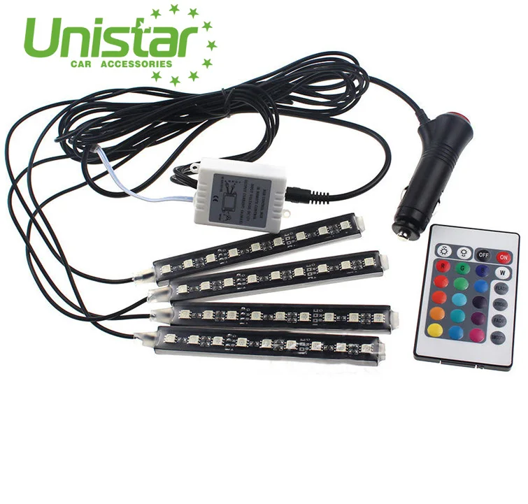 Self-adhesive remote control 12 volt 4pcs car atmosphere led lights 5050 SMD RGB ambient lamp strip tube with fast shipping