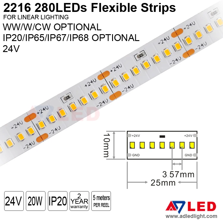 Wholesale 24vdc 2216 280led single row led light strip waterproof for beauty salon display showcase