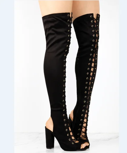 chunky heel lace up thigh high boots