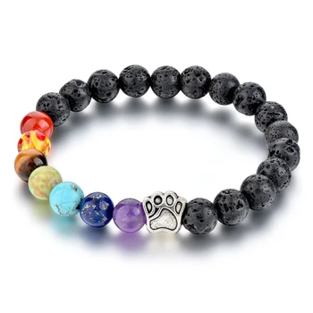 Nouveaux bracelets de diffuseur en pierre de lave avec 7 perles d'énergie de chakra et charme de patte de chien