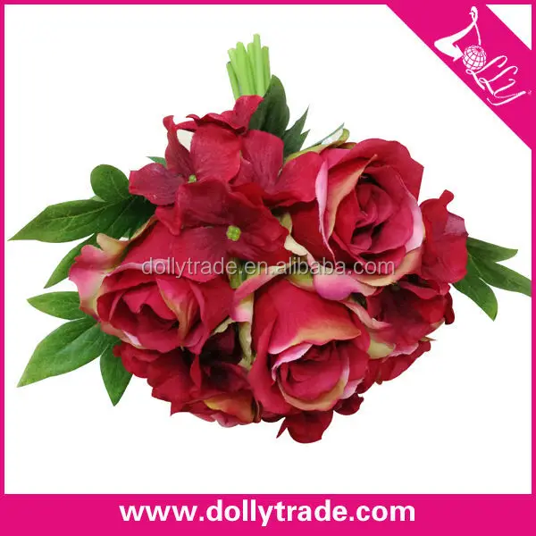 5 kepala mawar merah campuran hydrangea buatan karangan 
