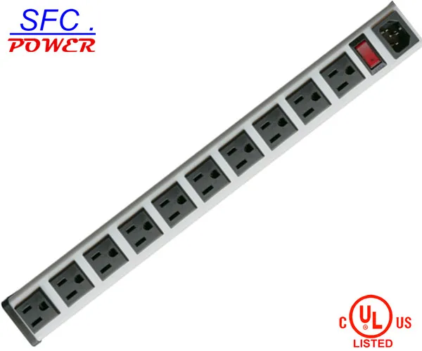 IEC 60320 Inlet C14 POWER STRIP, NEMA 5-15R 10 OUTLETS, VERTICAL RACK / SURFACE MOUNT, METAL ENCLOSURE, D.P. CIRCUIT BREAKER,