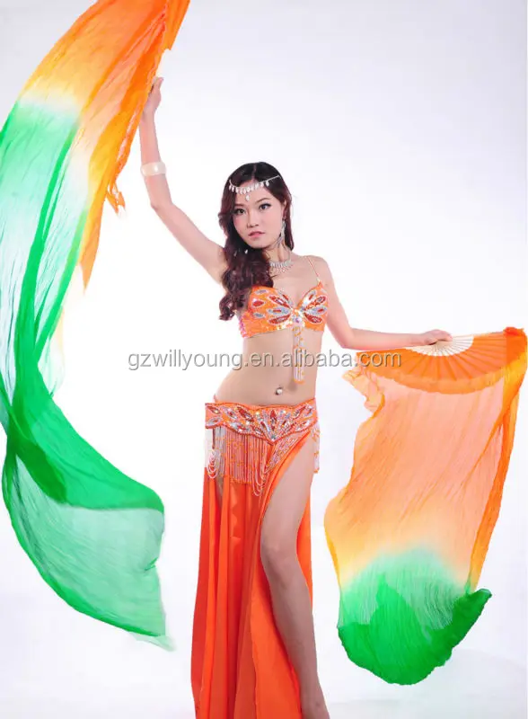 3 Colors Women Real Silk Belly Dance Long Bamboo Fan Veil JieGuanG Dance Fan for Dance