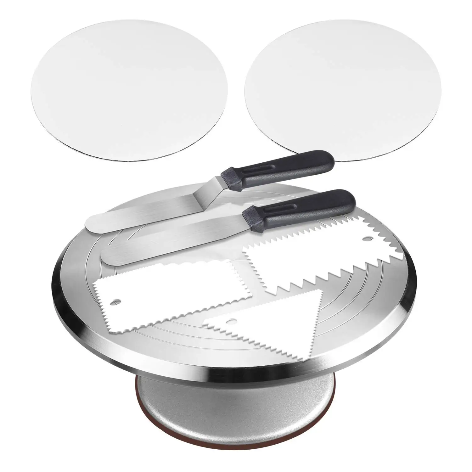 Cake Decorating Supplies - Aluminium Alloy Revolving Cake Stand with 12'' Rotating Cake Decorating Stand,2 Piece 10 Inch Cake Boards, 2 Angled Icing Spatulas,3 Icing Combs
