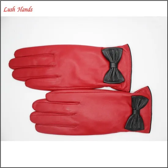 ladies leather gloves red with bow red leather gloves