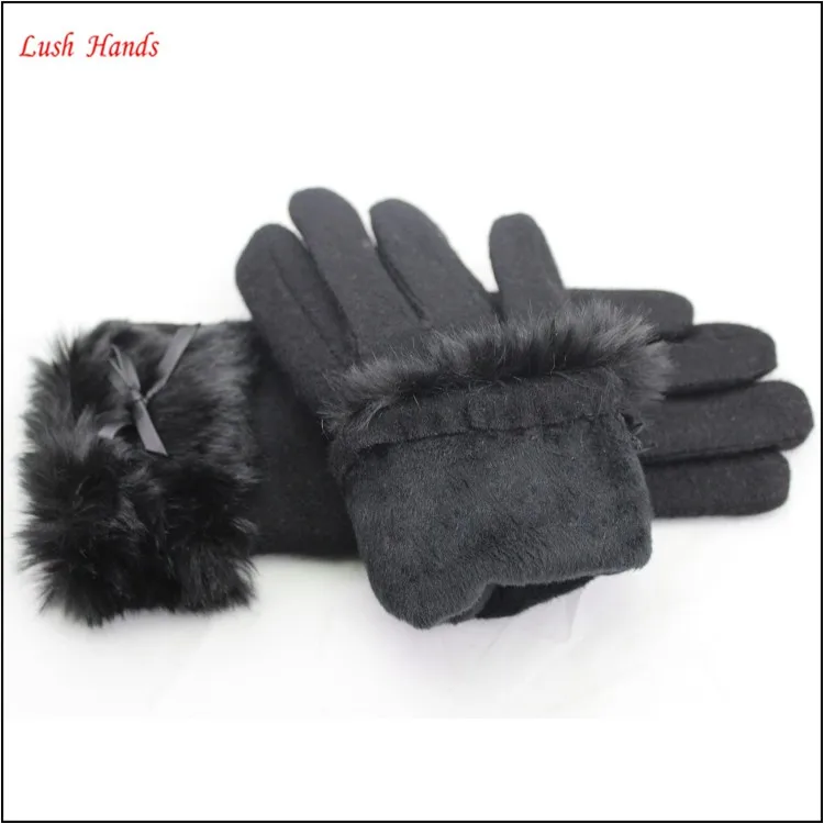 ladies warm black woolen hand gloves with fur wholesale winter gloves