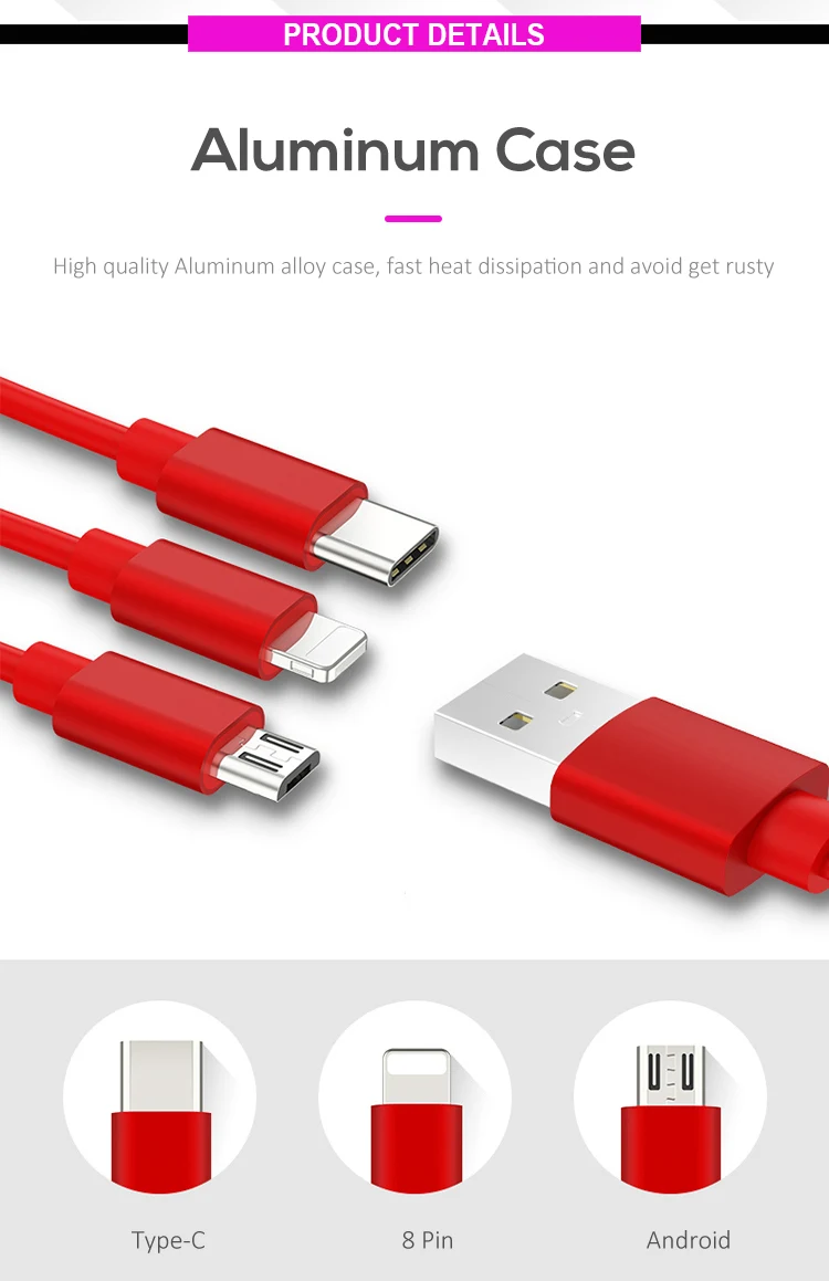 UCABLE free shipping mobile phone charger 3 in 1 fast charging micro usb data cable