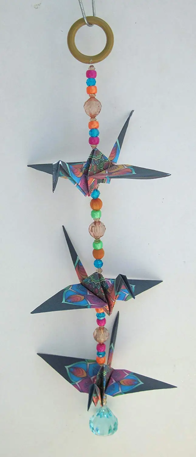 Good Luck colorful design crane mobile for indoor decor. approx. 15" high and 5.5" wide. A unique handmade origami accent piece.