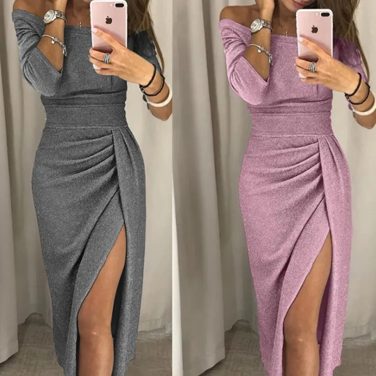 Amazon hot sales Dropshipping Clothing Fashion Off Shoulder Midi Dress Sexy Women Dresses Sparkling dress