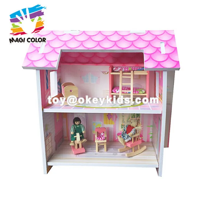 wooden dollhouse with elevator