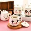 Custom Personalized Cute Expression Cartoon White Ceramic Coffee Mug with Lid Spoon Reusable Coffee Cups